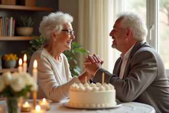 Couple d'anciens souriants lors d'un dîner d'anniversaire élégant