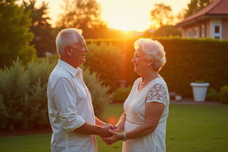 Couple senior célébrant 40 ans de mariage en extérieur