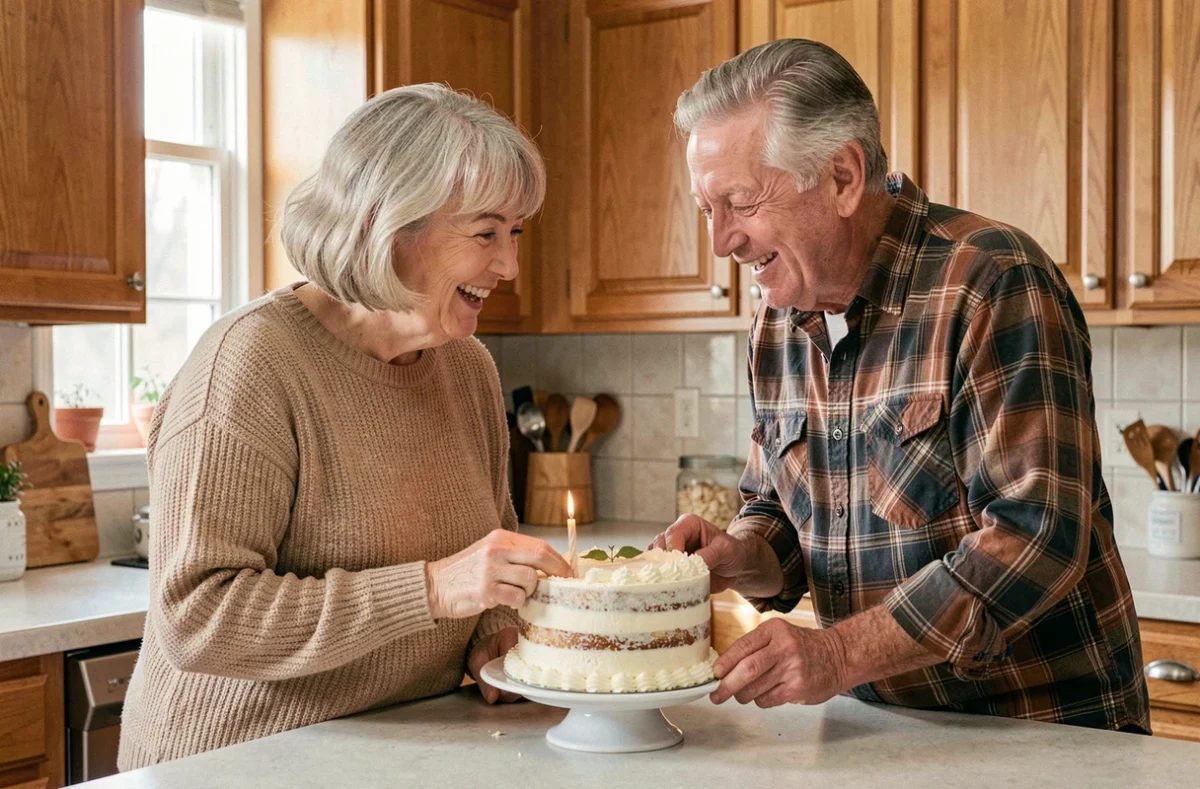 Couple marié depuis 40 ans en train de s'amuser dans la cuisine à recréer un gâteau de mariage avec humour