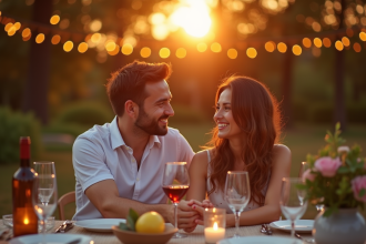 Couple heureux lors d'une fête d'anniversaire en plein air