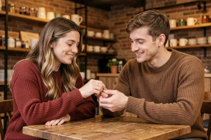 Couple échangeant une bague assortie dans un café chaleureux en automne