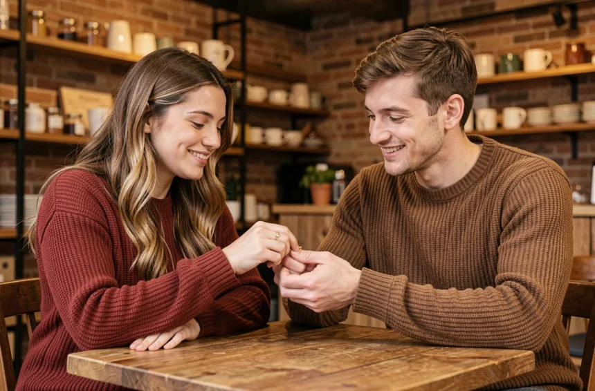 Couple échangeant une bague assortie dans un café chaleureux en automne