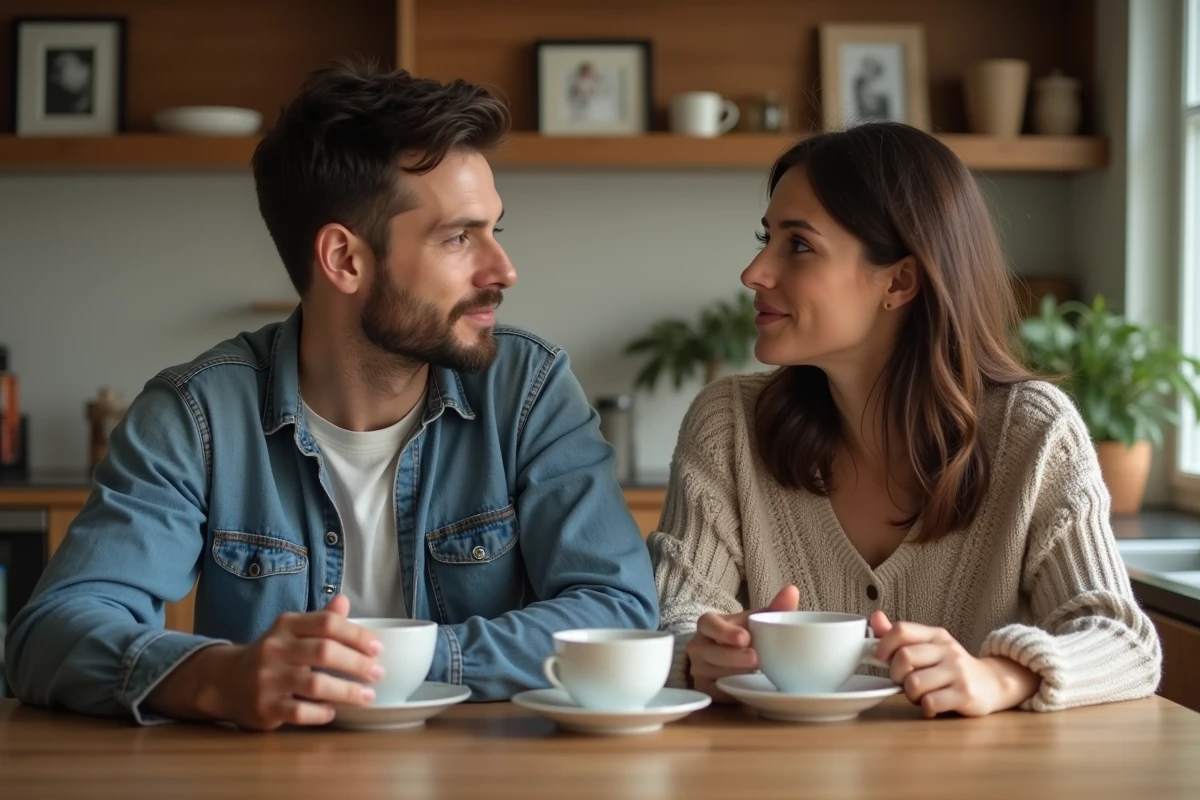Manche et femme partageant un café à la maison