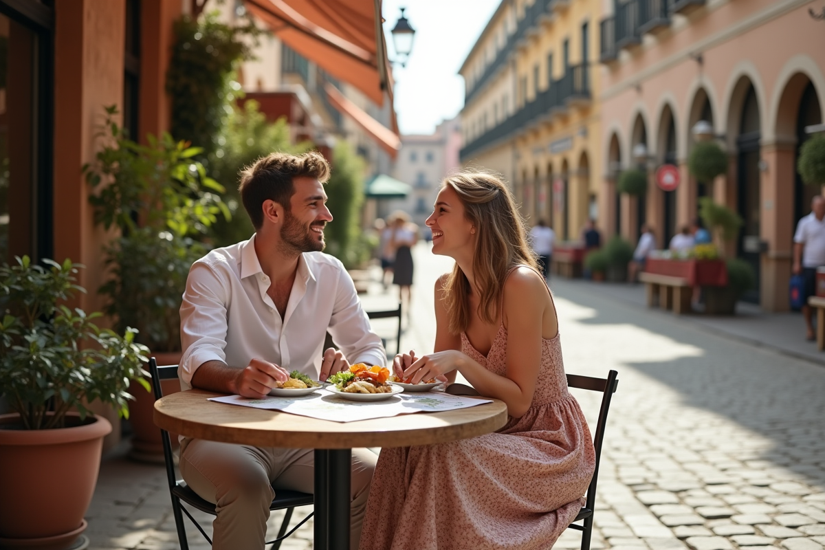 Jeune couple riant dans un café européen en plein air