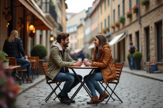 Jeune couple riant dans un café européen en extérieur