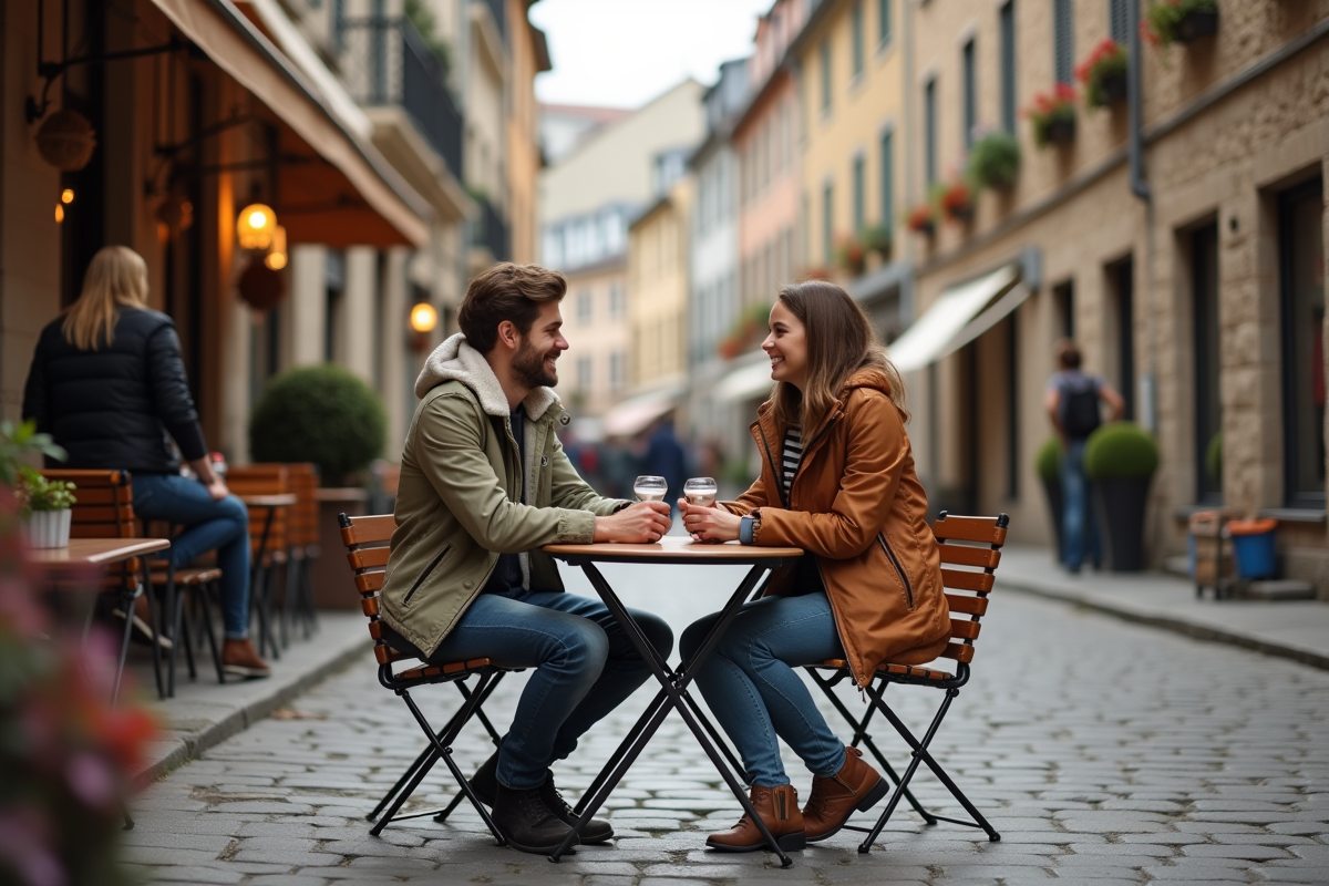 Jeune couple riant dans un café européen en extérieur