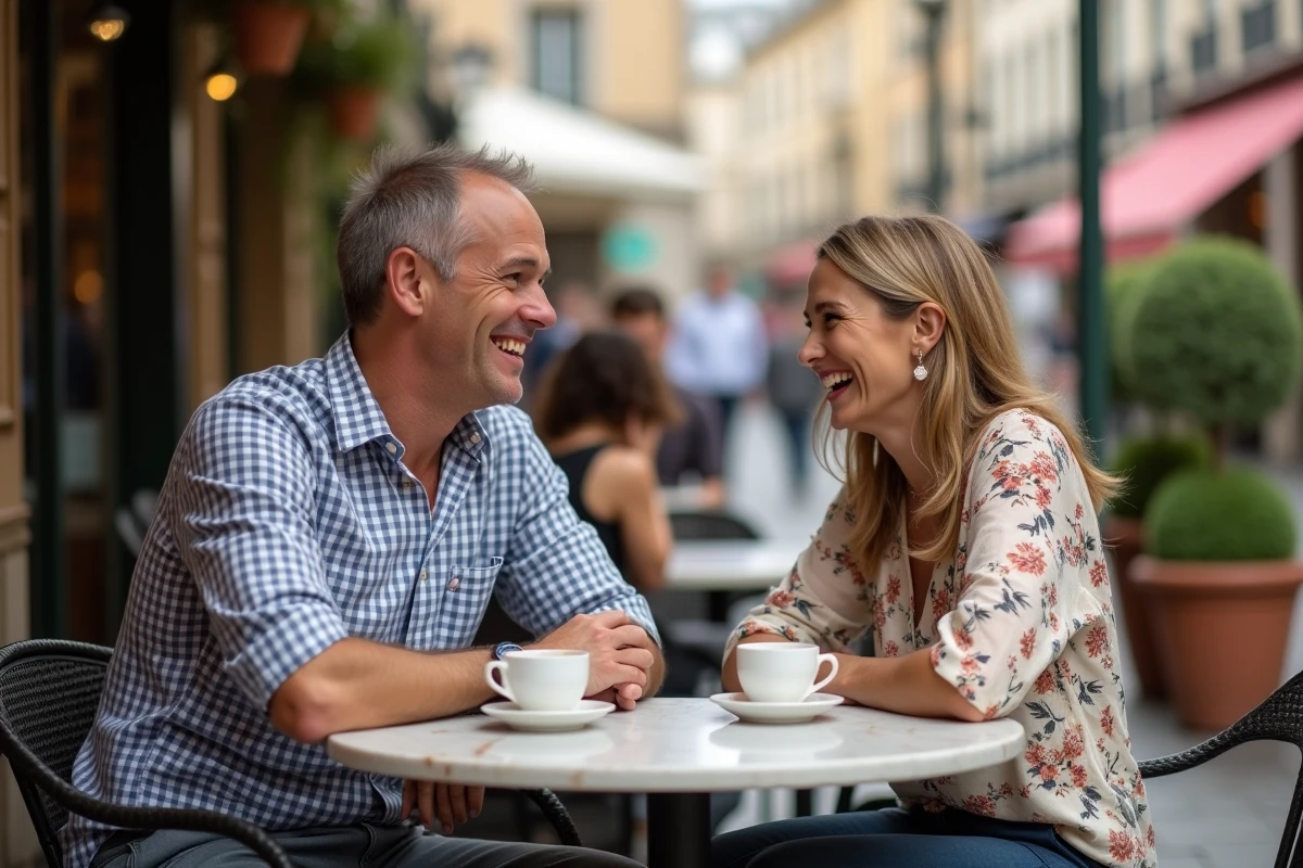 Couple complice attablé en terrasse de café parisien, sourires naturels et langage corporel révélant une relation amoureuse épanouie