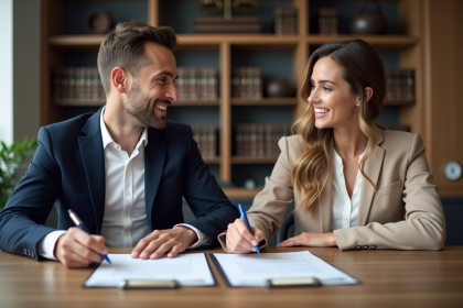 Couple en réunion chez le notaire pour un contrat immobilier
