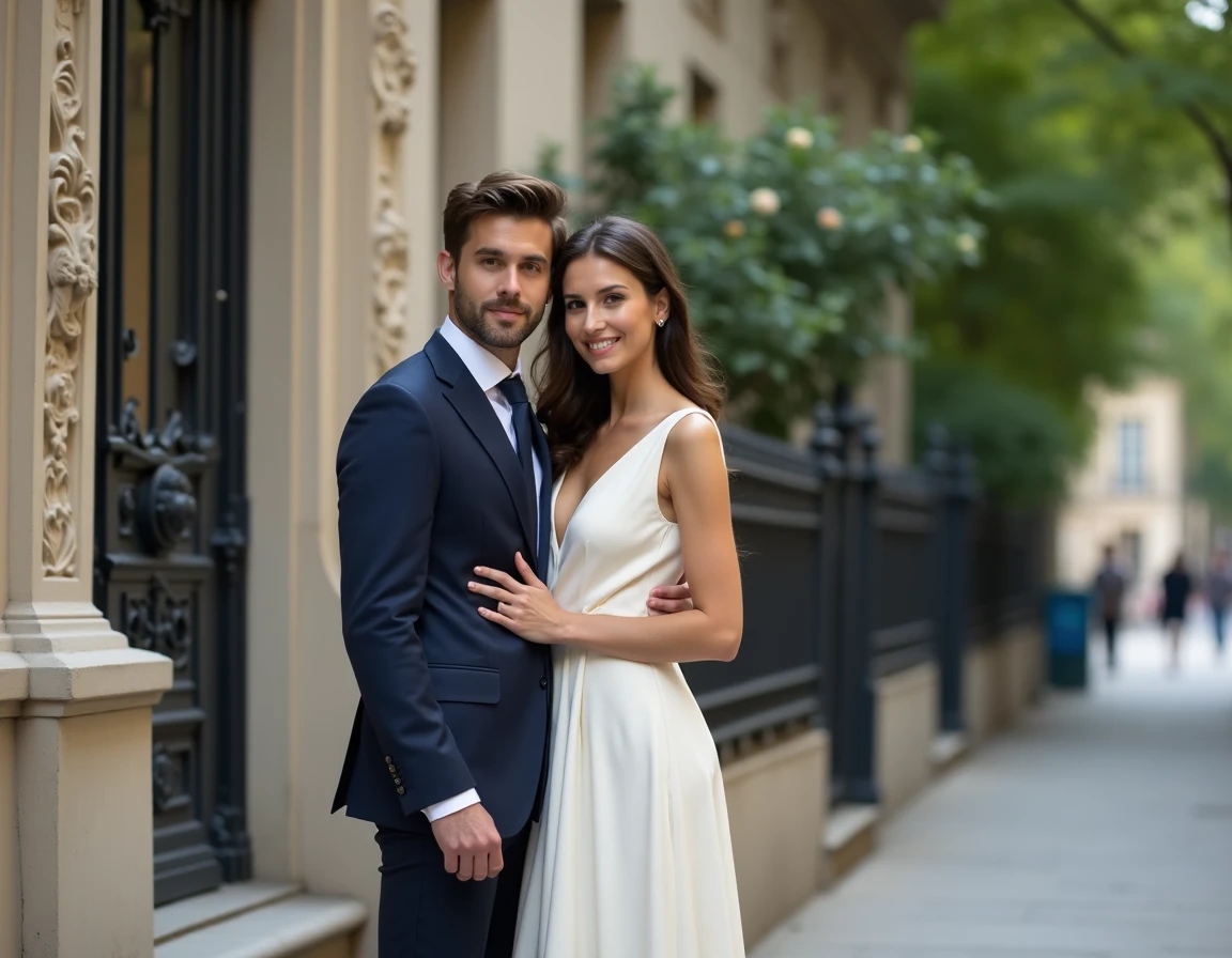 Couple en tenue de mariage louée posant devant un immeuble haussmannien à Paris