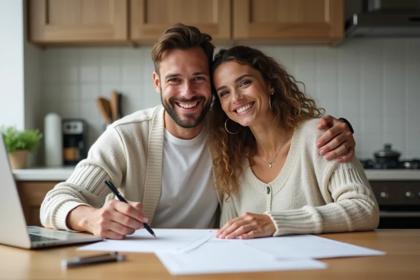 Couple souriant préparant leur annonce de mariage à la maison