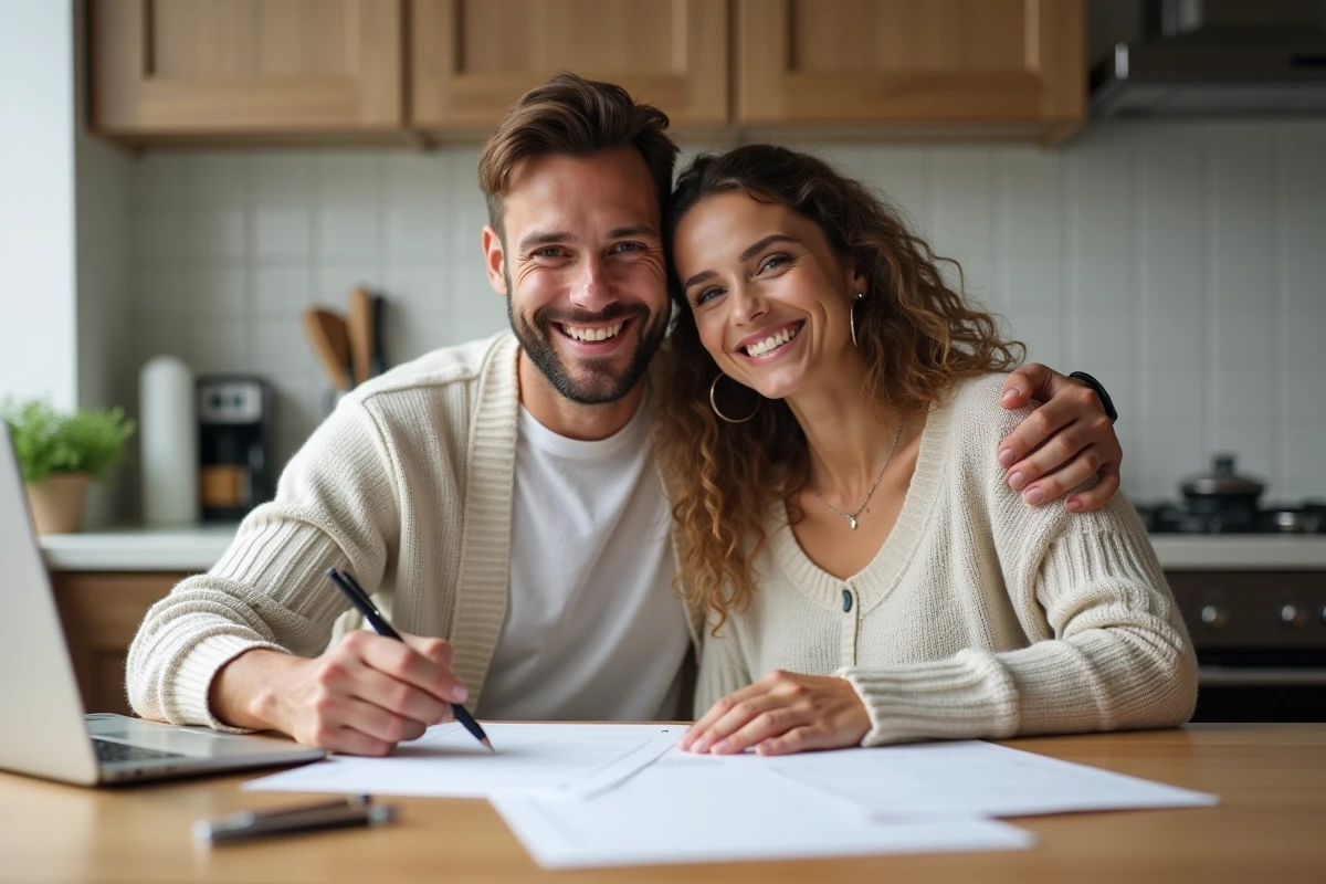 Couple souriant préparant leur annonce de mariage à la maison