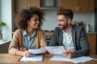 Jeune couple discutant de papiers de mariage dans une cuisine moderne