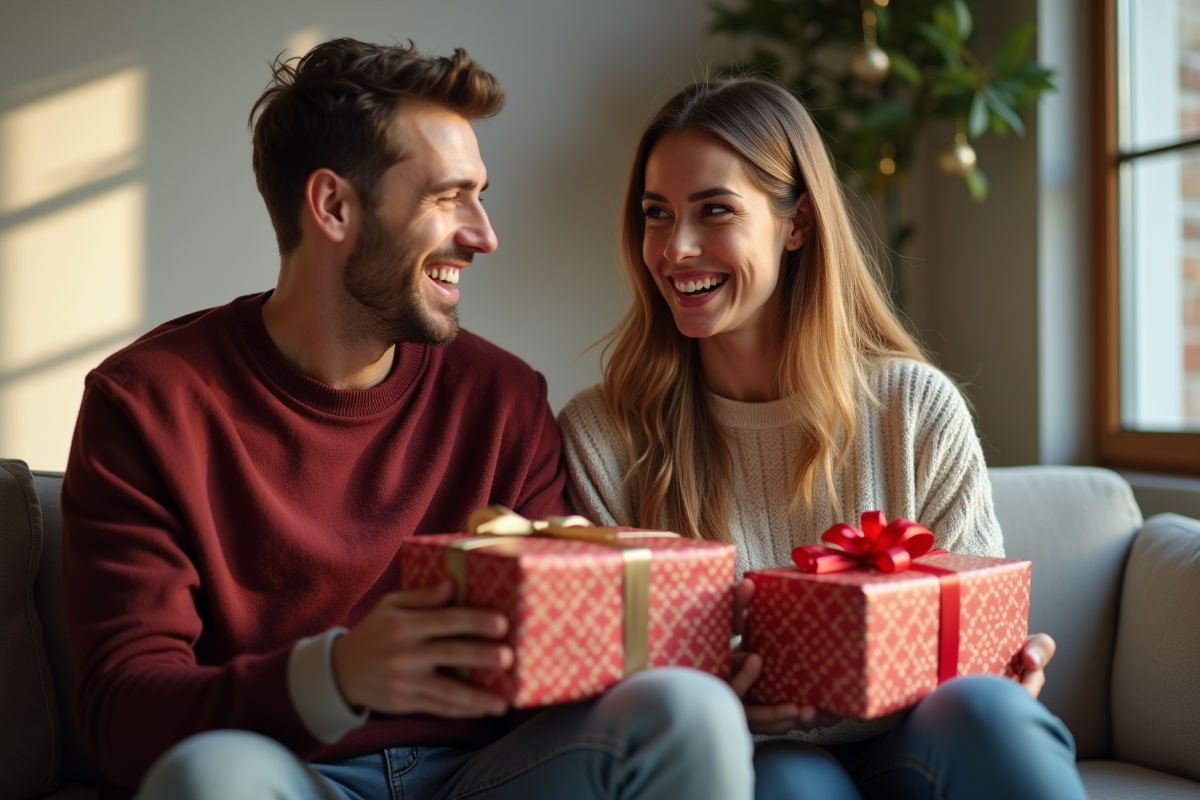 Couple souriant échangeant des cadeaux à la maison