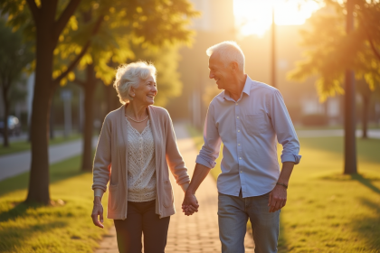 Couple agee marchant dans un parc ensoleille