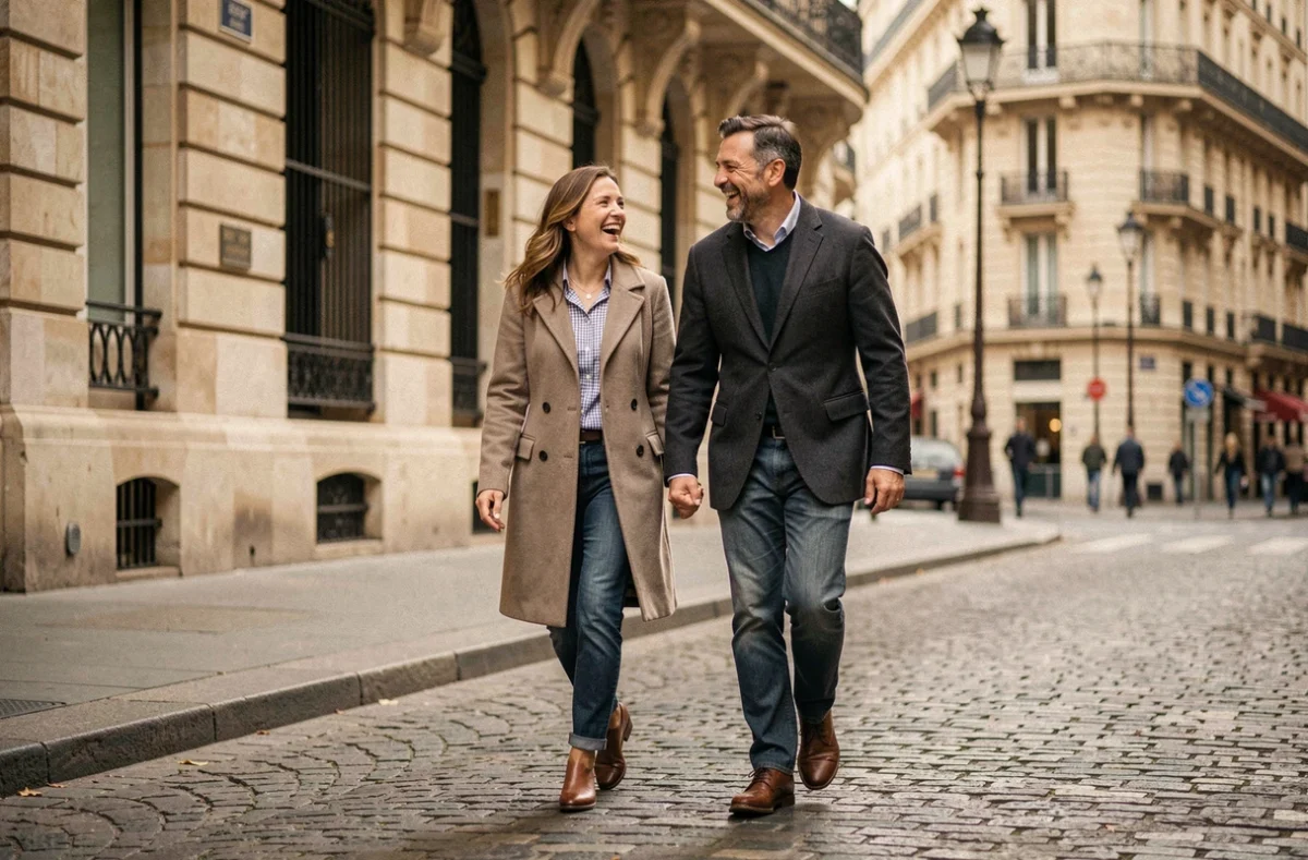 Couple élégant marchant ensemble sur un trottoir parisien devant un immeuble haussmannien, ambiance spontanée et naturelle