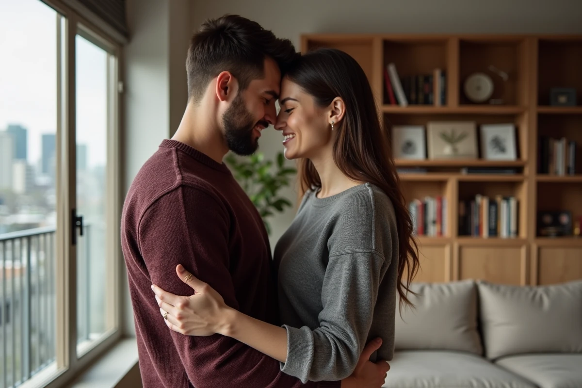 Couple amoureux partageant un moment d'intimité dans un salon cosy d'appartement contemporain