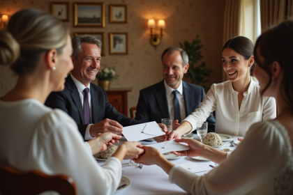 Couple élégant échangeant des enveloppes lors d'un repas familial