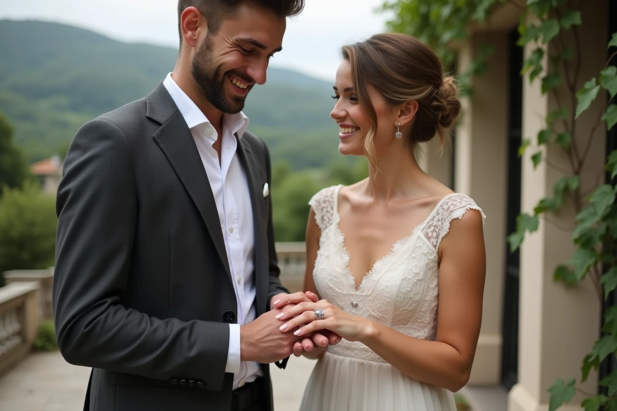 Couple lors de leurs fiançailles échangeant des bagues sur une terrasse en pierre entourée de verdure