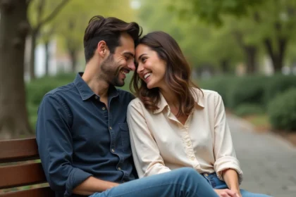 Couple complice assis sur un banc dans un parc, partageant un moment d'intimité et de tendresse en plein air