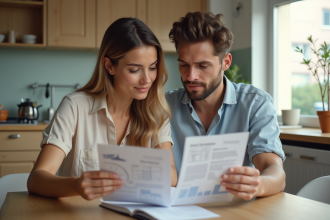 Jeune couple en vacances regardant des brochures de voyage