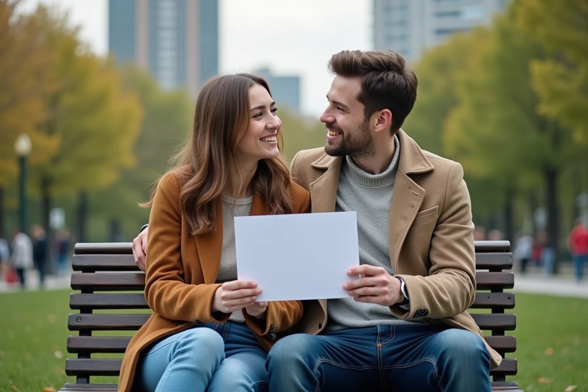 Jeune couple lisant une invitation dans un parc urbain