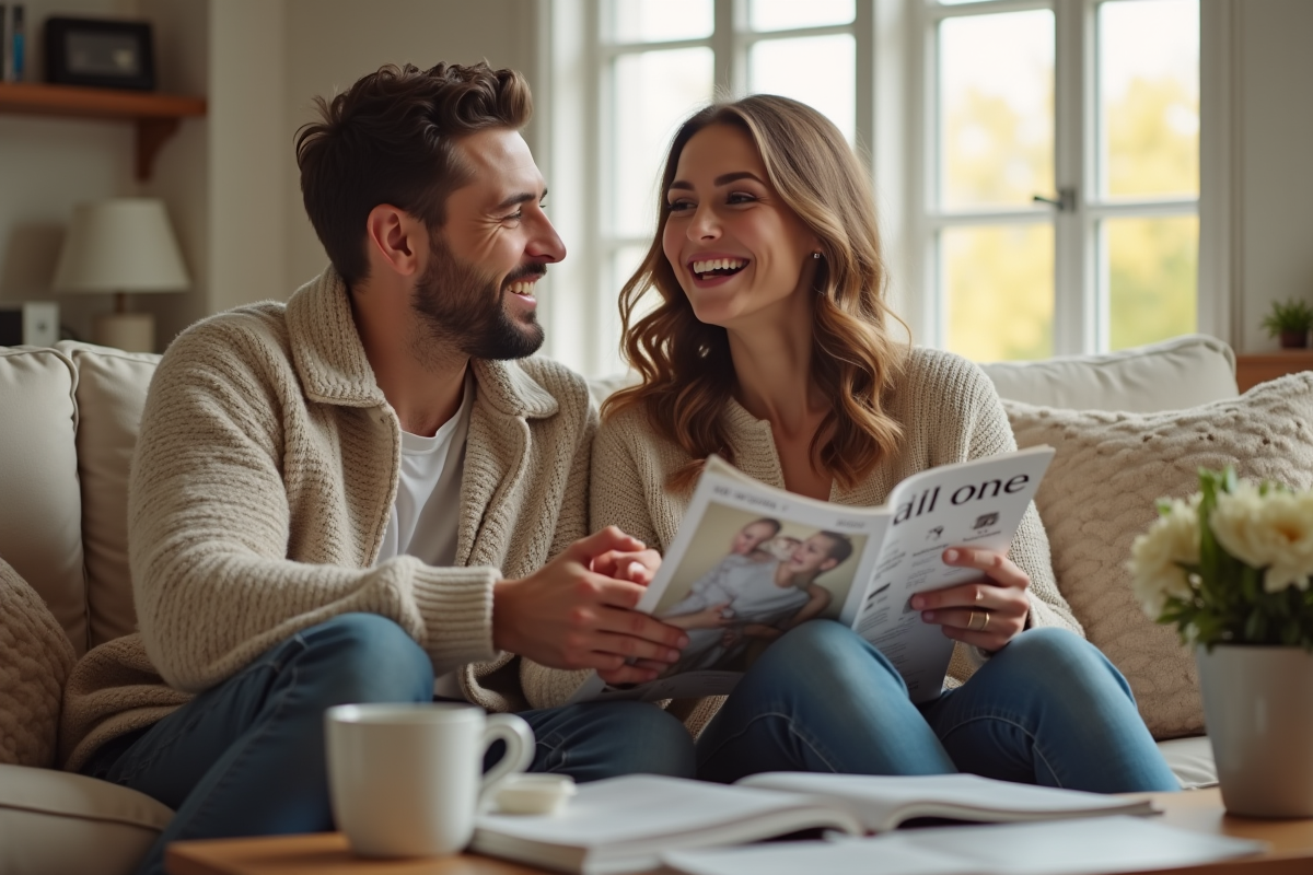 Couple riant en regardant des magazines de mariage dans le salon
