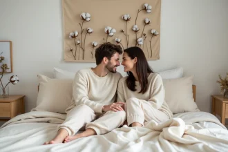 Jeune couple en lounge scandinave avec décoration coton