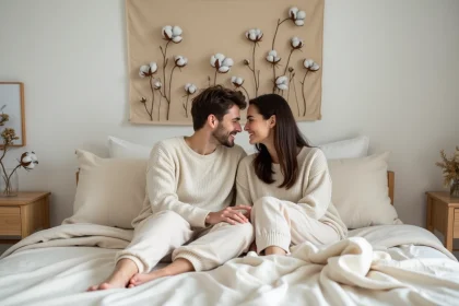 Jeune couple en lounge scandinave avec décoration coton