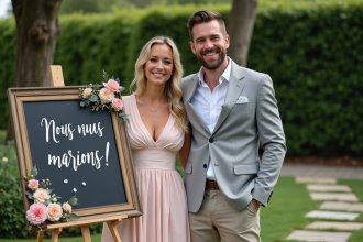 Jeune couple souriant devant annonce mariage en extérieur