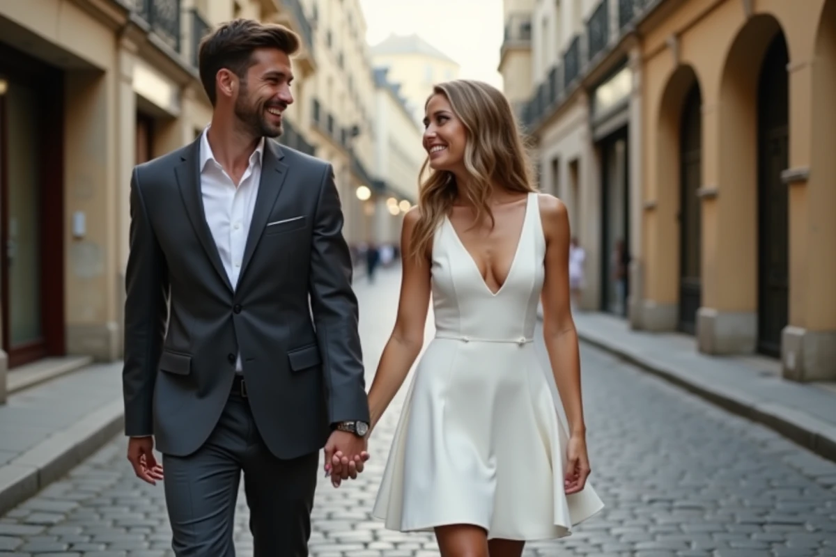 Couple de jeunes mariés après un mariage civil, mariée en robe courte blanche minimaliste et marié en costume gris, marchant dans une rue pavée parisienne