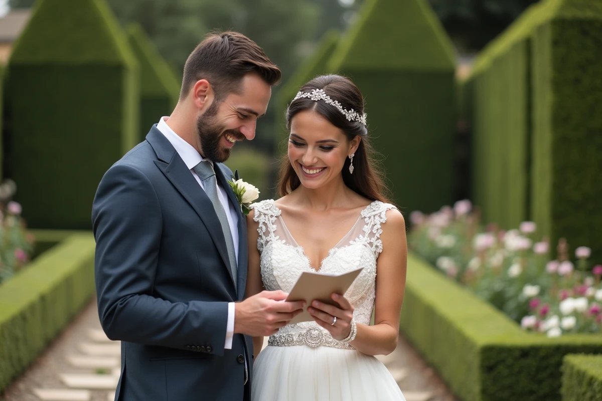 Jeune couple marié dans un jardin élégant souriant avec une carte de félicitations