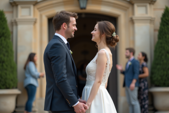 Jeune couple marié devant mairie en France