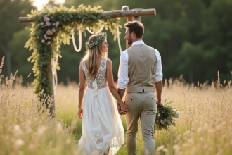 Jeune couple en mariage champêtre dans une prairie