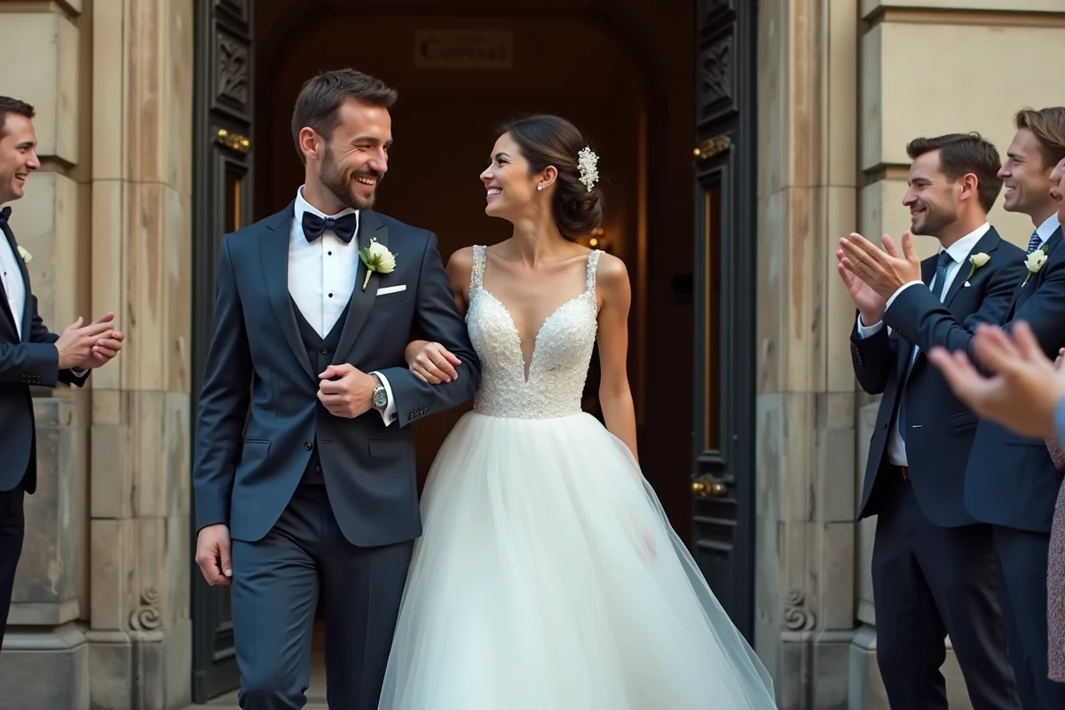 Couple heureux sortant de la mairie à Paris