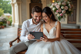 Jeune couple marié regardant un diaporama sur une tablette