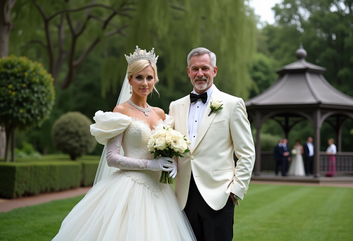 Mariés posant dans un jardin avec style vestimentaire chargé