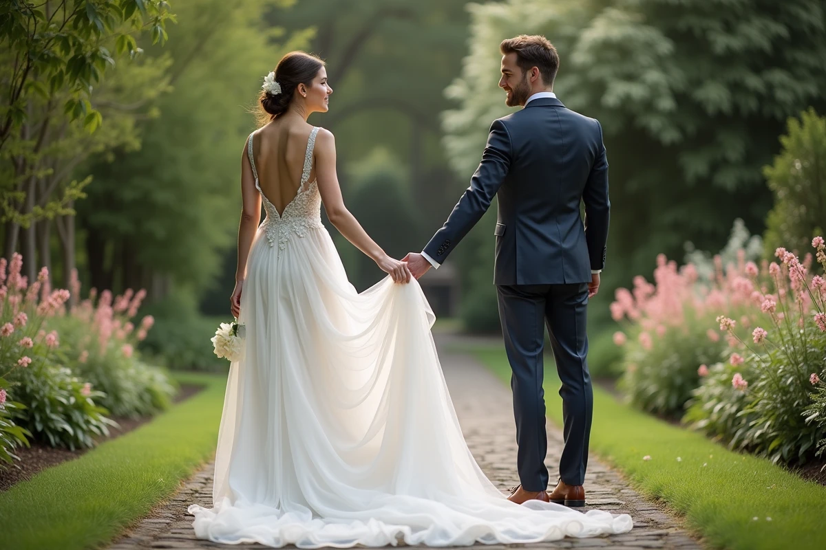 Couple dans un jardin après essayage de robe de mariée