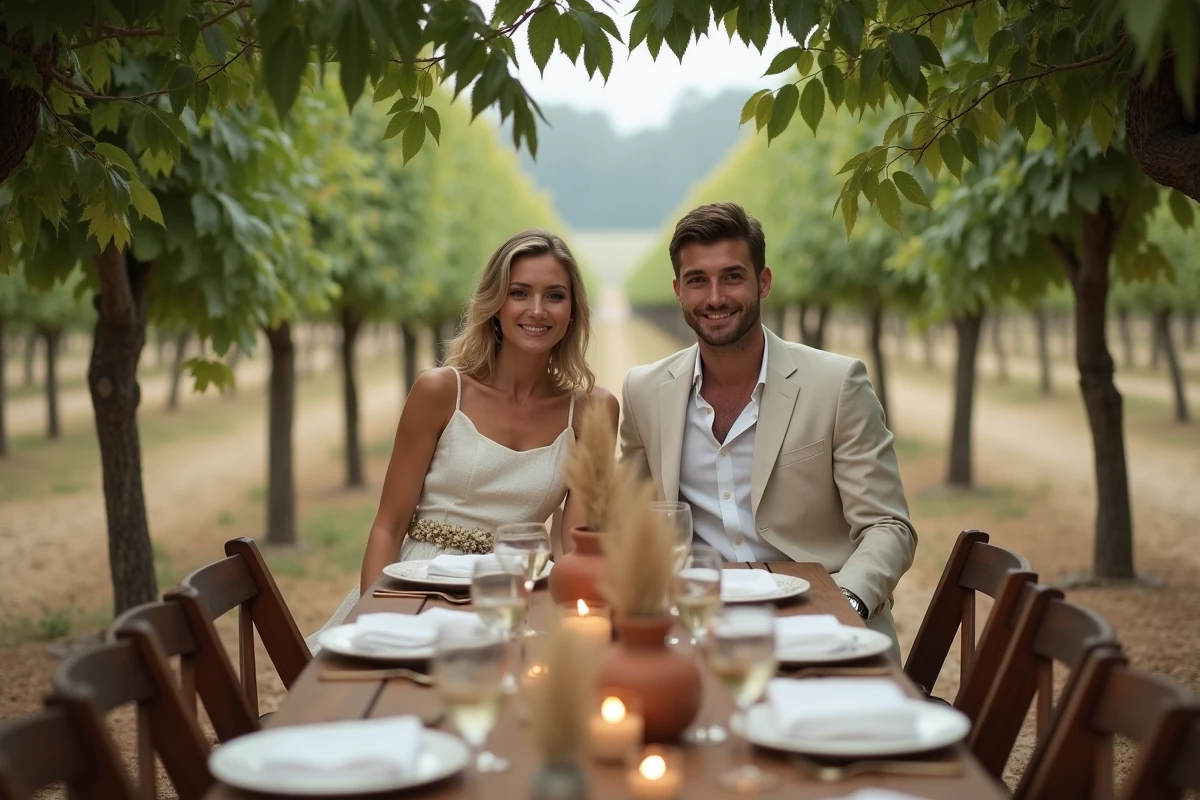 Couple de mariés en tenues champêtres lin crème assis à une table en bois décorée dans un vignoble lors d'une réception en plein air