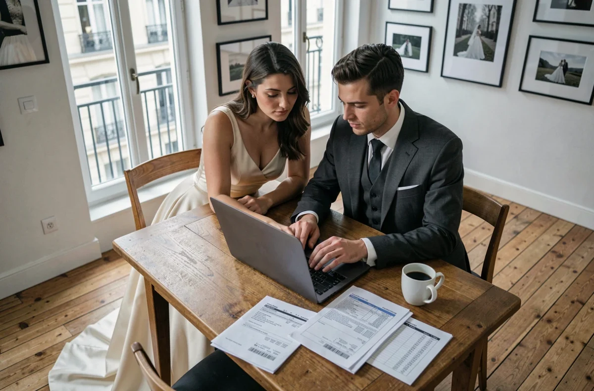 Couple de mariés consultant leur budget photographe de mariage sur un ordinateur portable à la maison