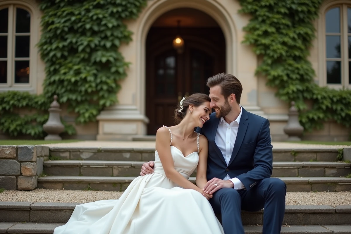 Couple de mariés complices devant un château en pierre recouvert de lierre le jour de leur mariage