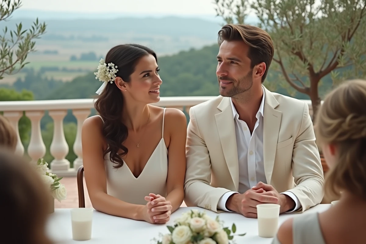 Couple de mariés écoutant un discours intime en petit comité sur une terrasse de mariage avec vue sur la campagne