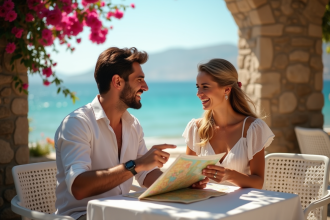 Jeune couple en terrasse méditerranéenne ensoleillée