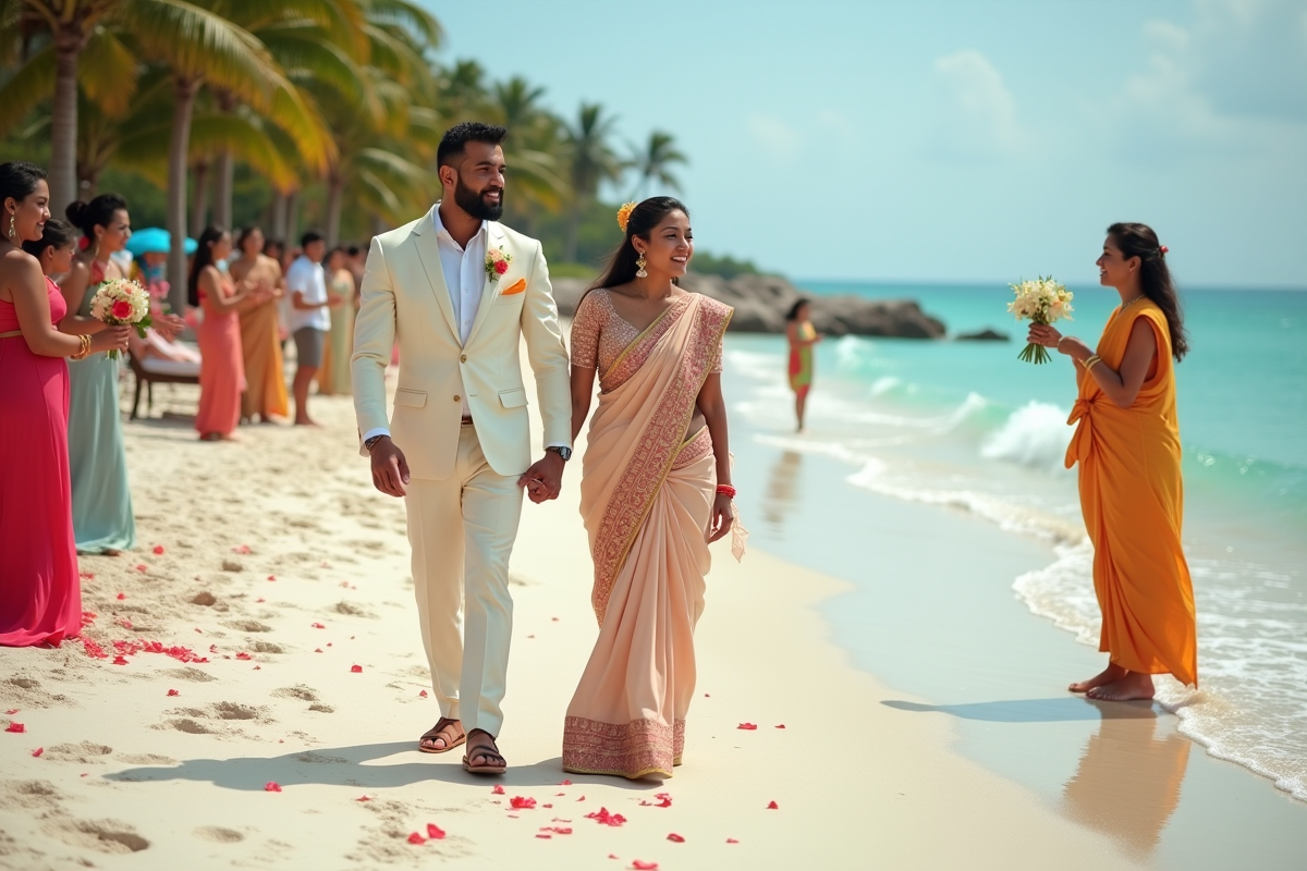 Couple multiculturel marchant sur la plage tropicale