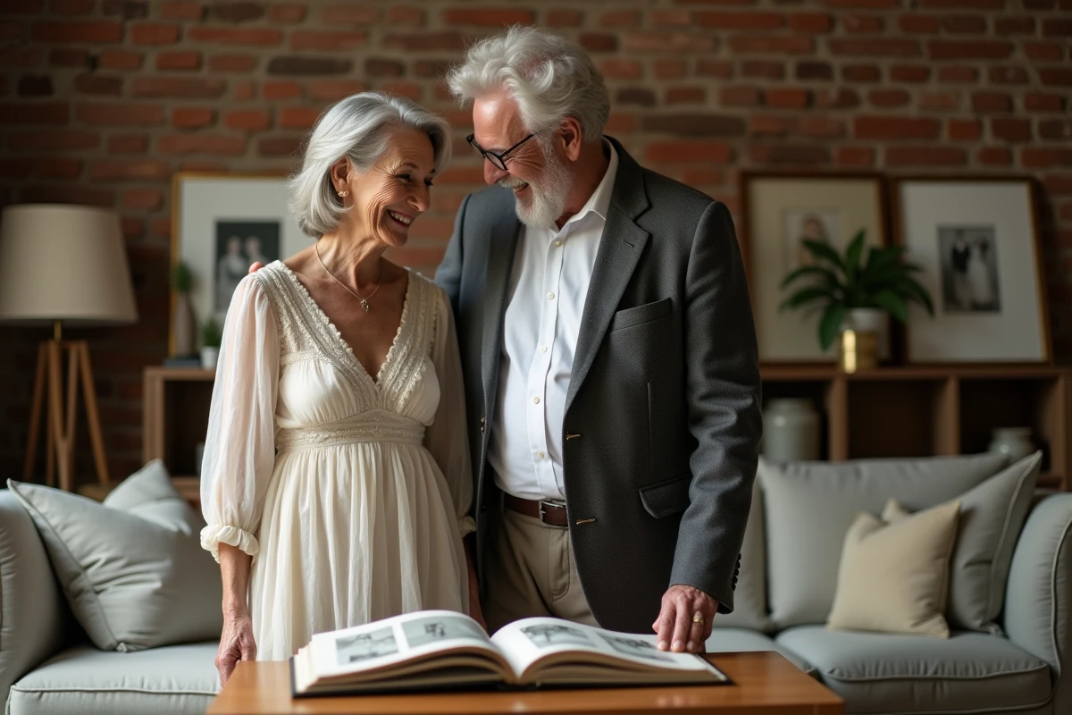 Couple d'une cinquantaine d'années feuilletant un album photo pour leurs 36 ans de mariage dans un salon chaleureux