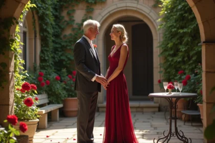 Couple fêtant leurs 35 ans de mariage dans un jardin en pierre orné de roses rouges pour leurs noces de rubis