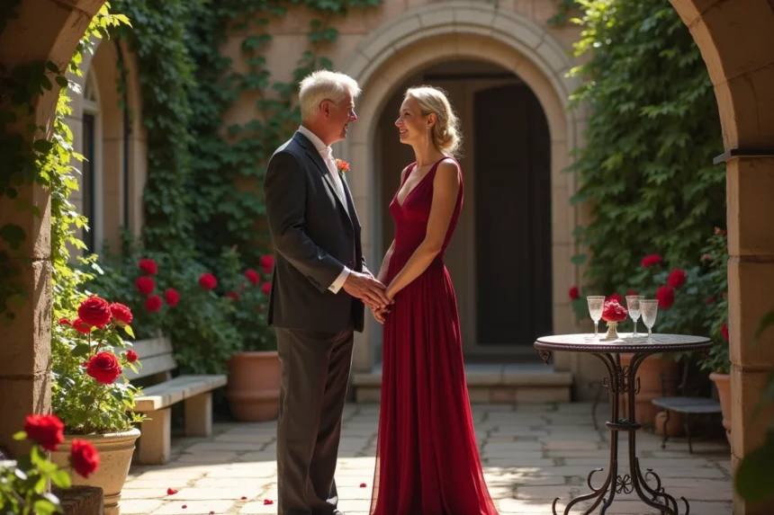 Couple fêtant leurs 35 ans de mariage dans un jardin en pierre orné de roses rouges pour leurs noces de rubis