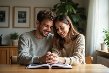 Jeune couple souriant partageant un album photo dans un salon chaleureux