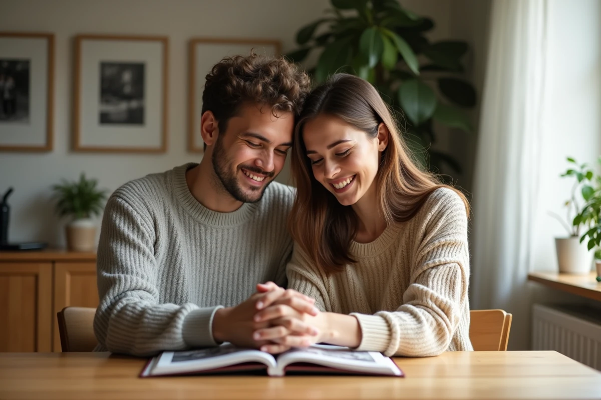 Jeune couple souriant partageant un album photo dans un salon chaleureux