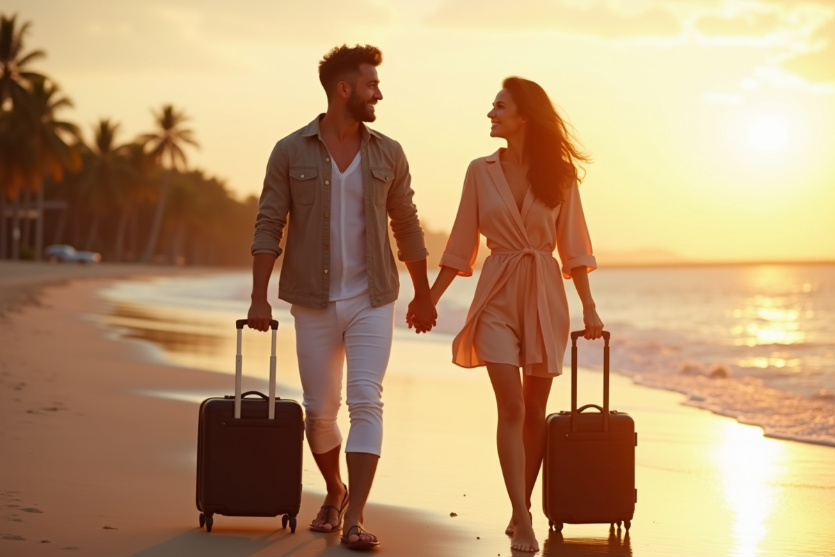 Jeune couple souriant sur la plage au coucher du soleil pour un article sur le titre