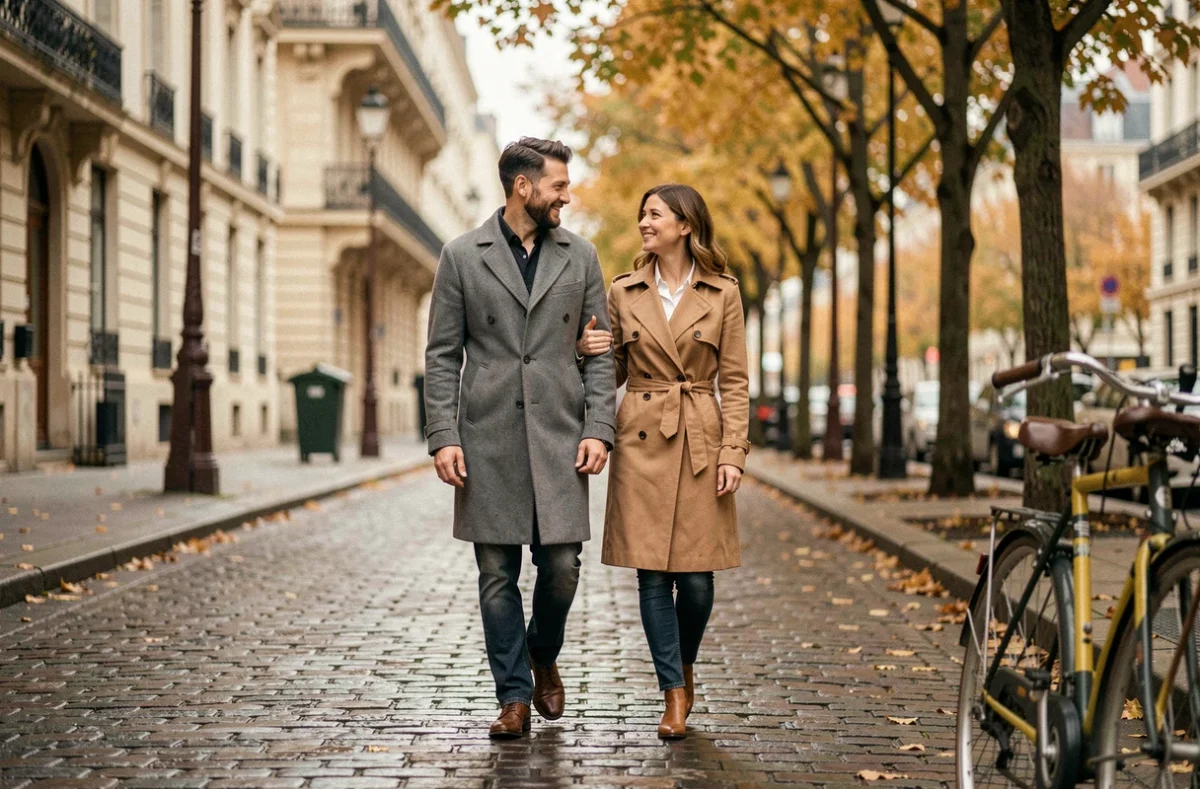 Couple élégant marchant ensemble sur une rue pavée parisienne en automne sous des arbres aux feuilles dorées